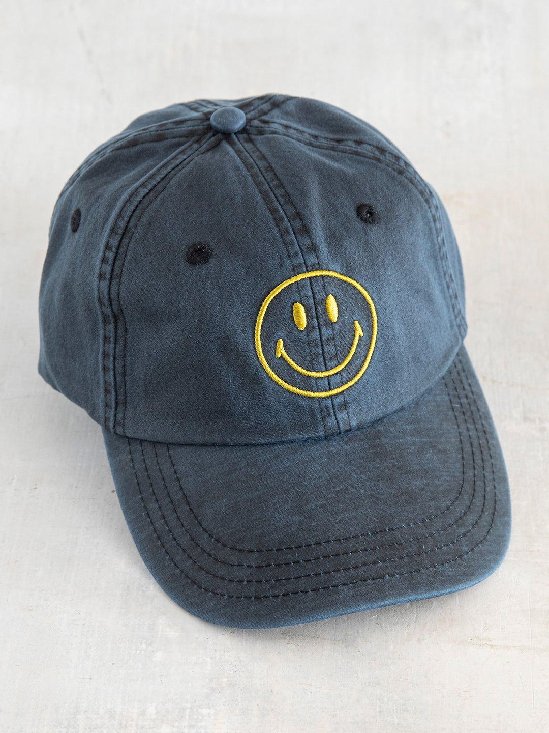 Embroidered Weathered Hangout Hat: Smiley Face