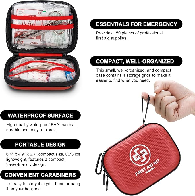 Mini First Aid Kit - 150 Piece Small Waterproof EVA Hard Shell Case